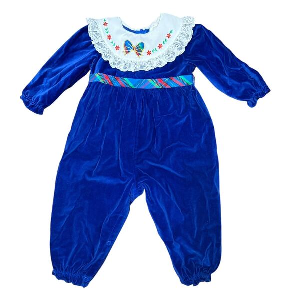 Vintage 80s Blue Velvet Toddler Christmas Romper One Piece Suit 18 Months Lace - Picture 1 of 7